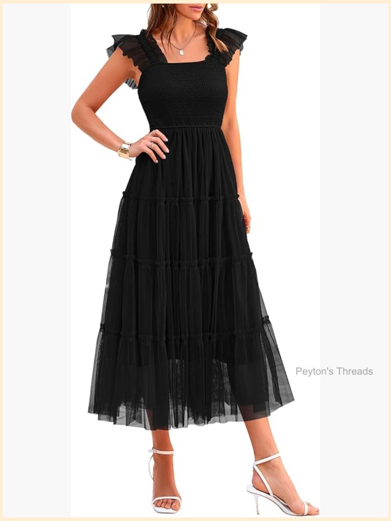 Sleeveless Smocked Ruffle Tulle Midi Dress Women Summer Party Guest